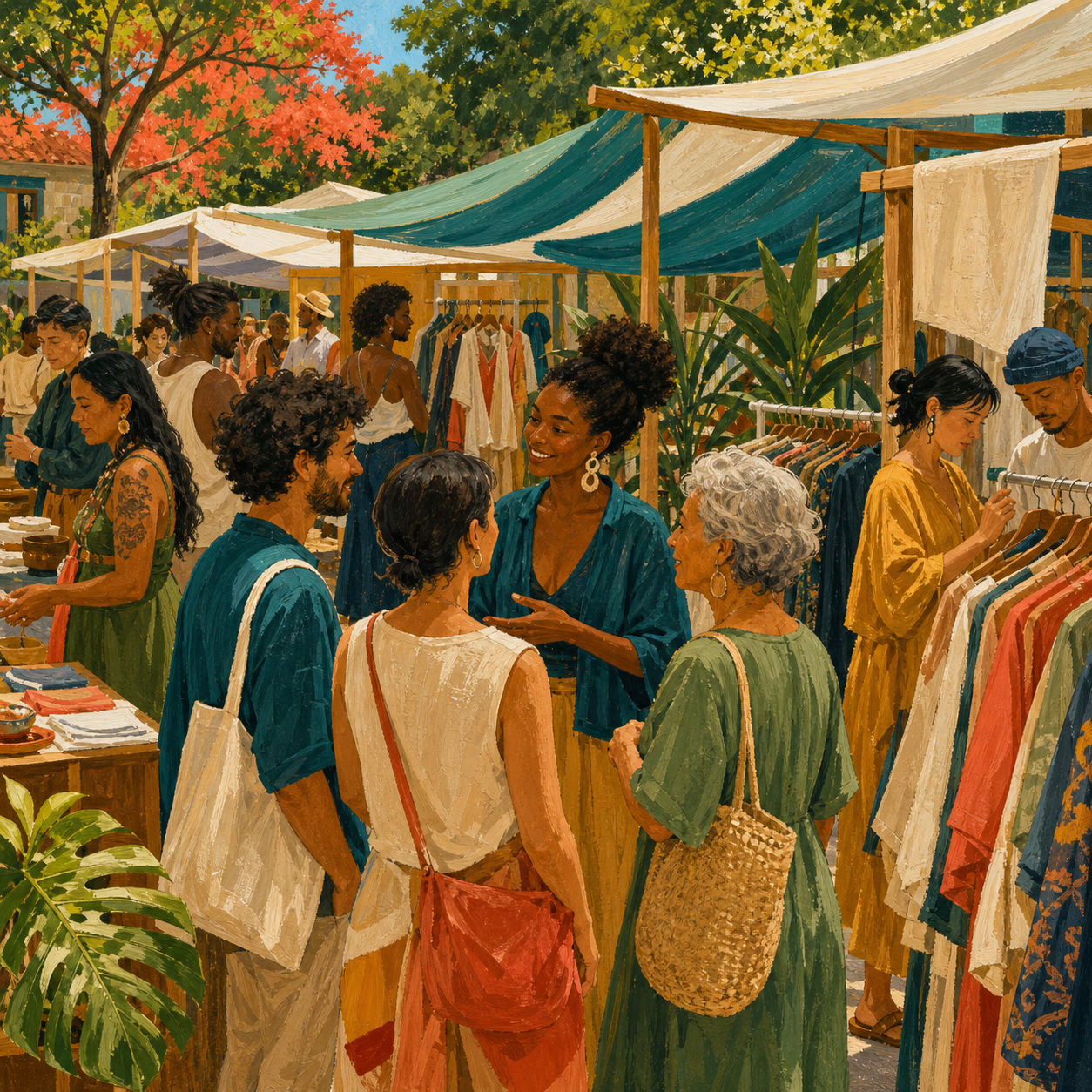 People browsing clothes and talking at an outdoor fashion market — discovery at ASYR.